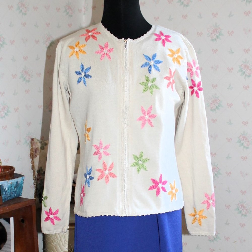 Talbots Retro Floral Embroidered Cardigan, Small